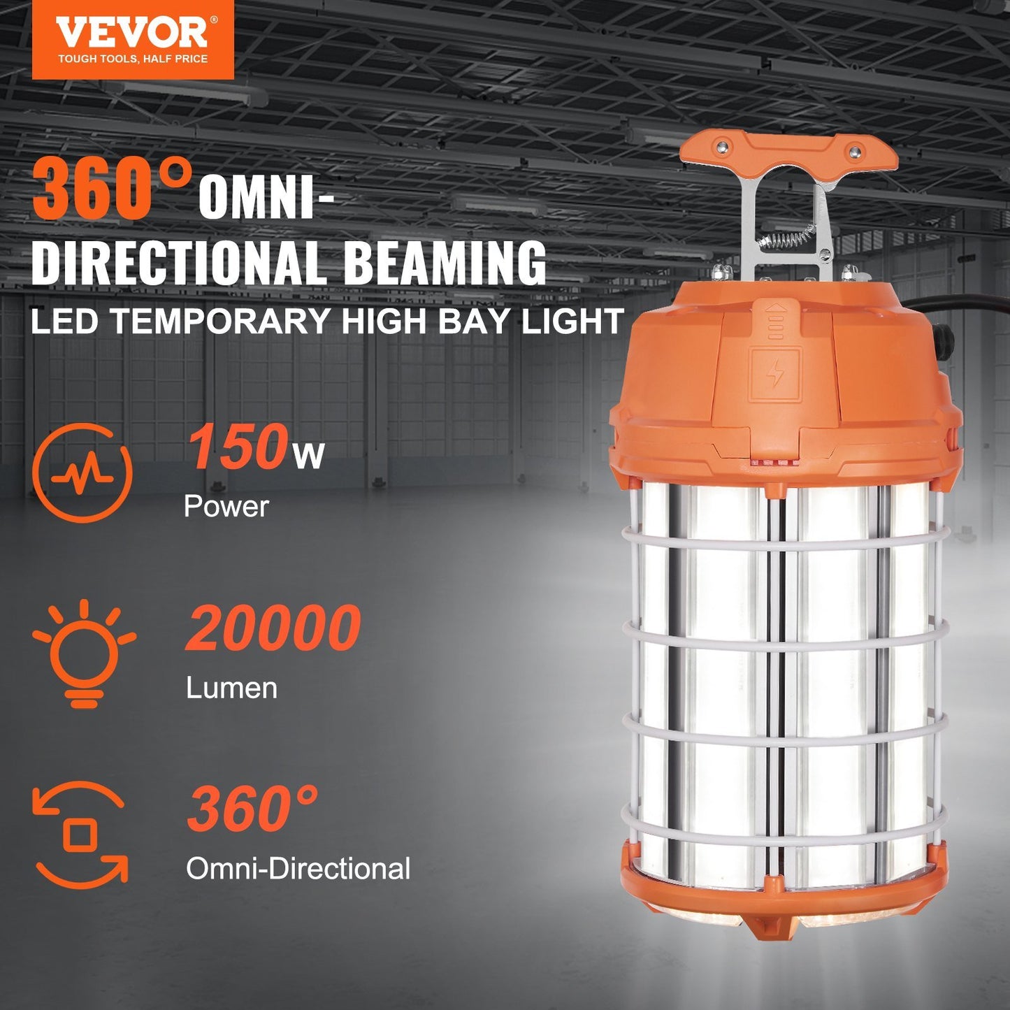 VEVOR LED Temporary Work Light, 150W, 20000lm Construction Lights, 5000K Portable Super Bright & Waterproof & Connected Up to 6 lights, Hanging Job Site Lighting for Indoor and Outdoor Lighting UL