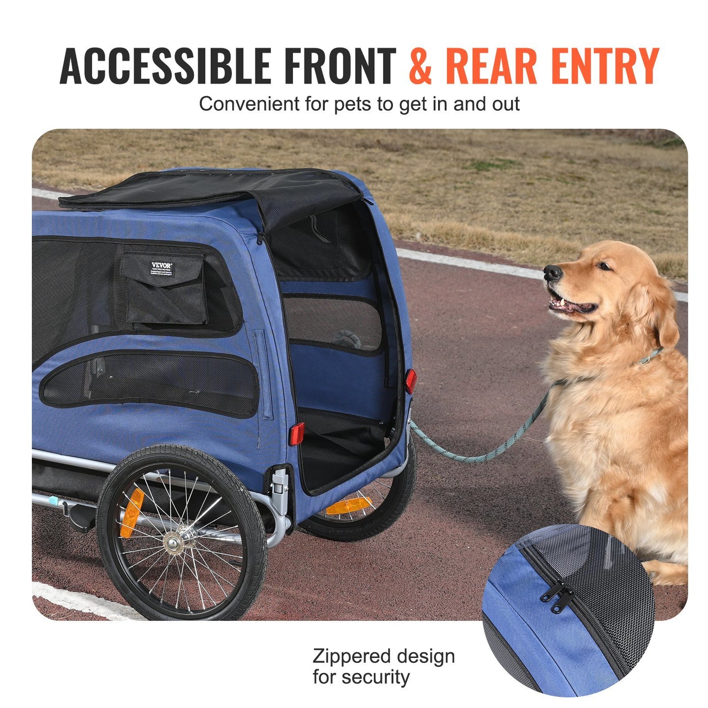 VEVOR Dog Bike Trailer, Supports up to 100 lbs, Pet Cart Bicycle Carrier, Easy Folding Frame with Quick Release Wheels, Universal Bicycle Coupler, Reflectors, Flag, Collapsible to Store, Blue/Black