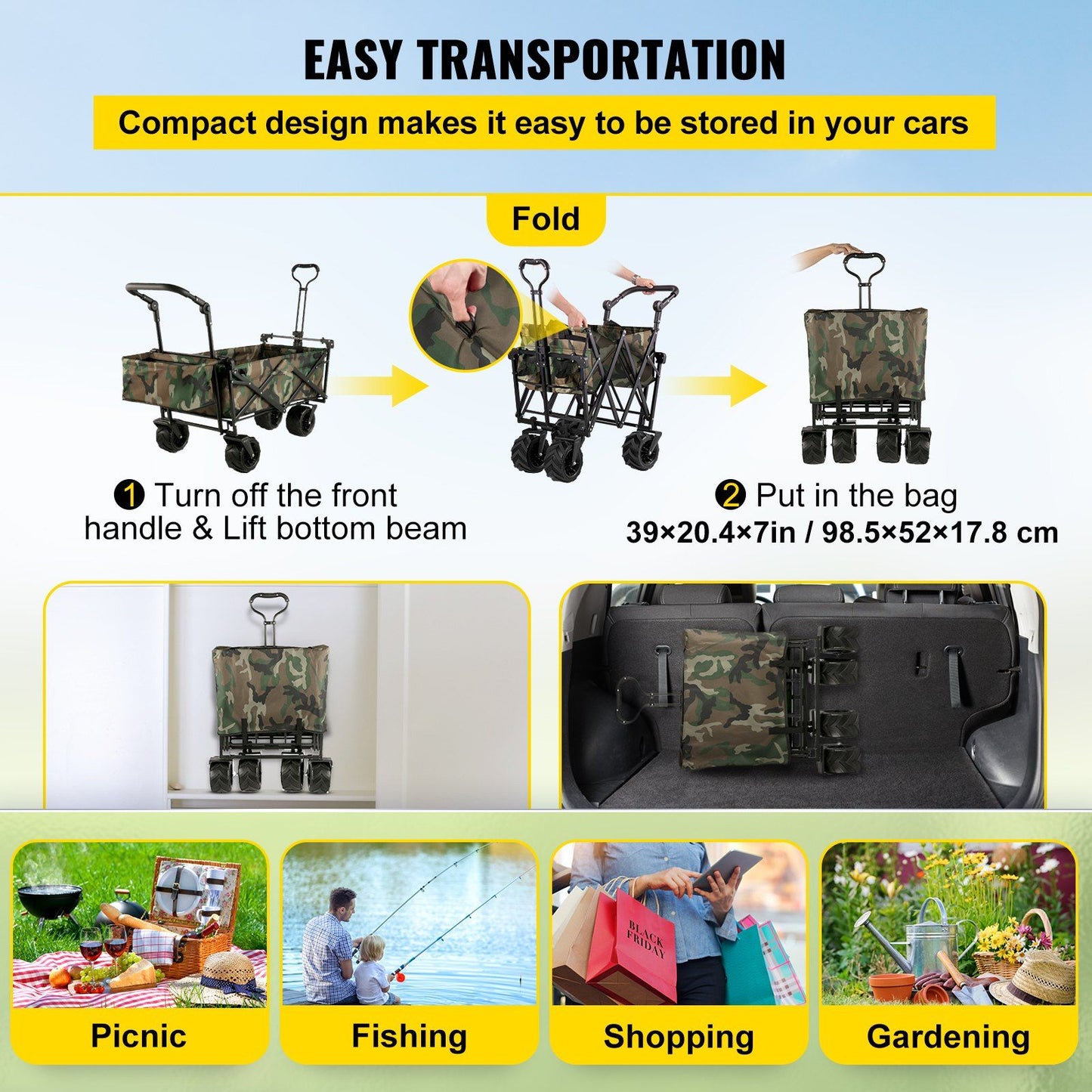 VEVOR Collapsible Folding Wagon with Removable Canopy, Heavy Duty Foldable Wagon Utility Cart for Garden, Camping, Grocery Cart, Beach Wagon Cart with Wheels and Rear Storage, Camouflage