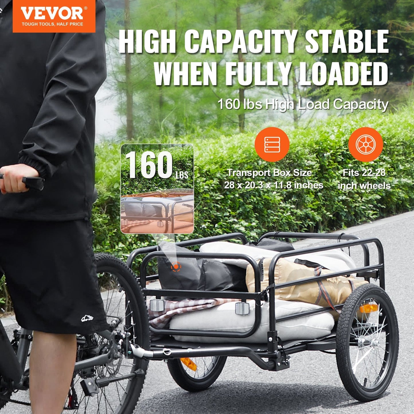 VEVOR Bike Cargo Trailer, 160 lbs Load Capacity, Heavy-Duty Bicycle Wagon Cart, Foldable Compact Storage & Quick Release with Universal Hitch, 16" Wheels, Safe Reflectors, Fits 22"-28" Bike Wheels