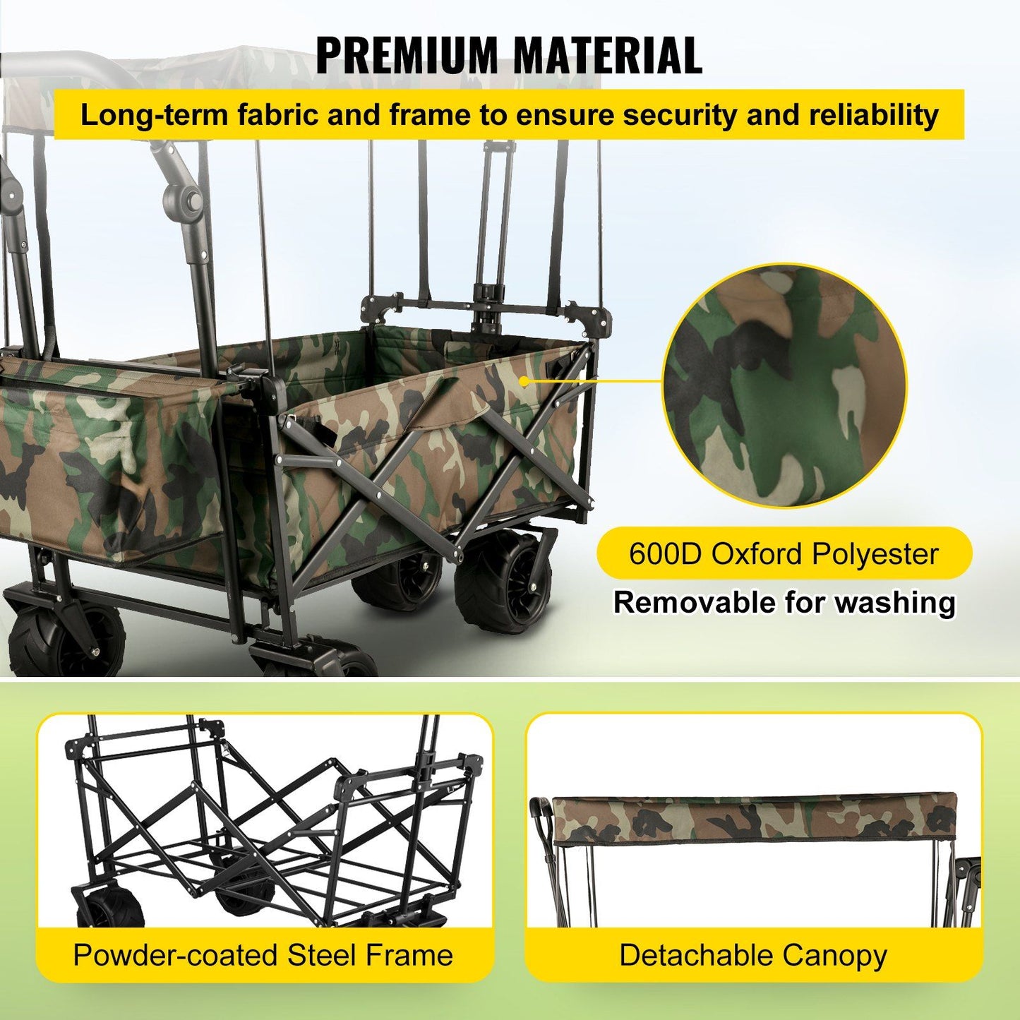 VEVOR Collapsible Folding Wagon with Removable Canopy, Heavy Duty Foldable Wagon Utility Cart for Garden, Camping, Grocery Cart, Beach Wagon Cart with Wheels and Rear Storage, Camouflage