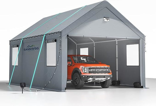 Sannwsg 10x16 Heavy Duty Carport Canopy - Extra Large Portable Car Tent Garage with Roll-up Windows and All-Season Tarp Cover,Side Walls & Removable Roof for Car, SUV,Boats&Truck Shelter Logic Storage