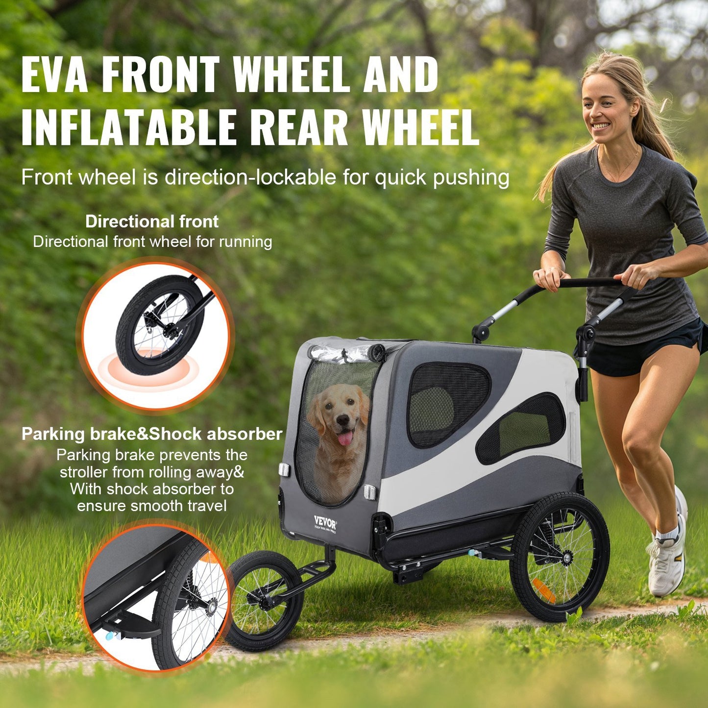 VEVOR Dog Bike Trailer, Supports up to 100 lbs, 2-in-1 Pet Stroller Cart Bicycle Carrier, Easy Folding Cart Frame with Quick Release Wheels, Universal Bicycle Coupler, Reflectors, Flag, Black/Gray