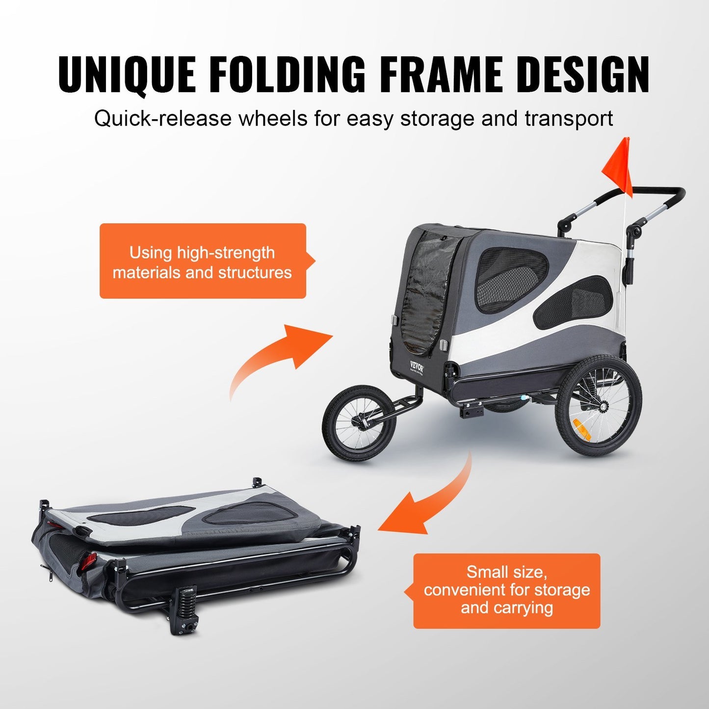 VEVOR Dog Bike Trailer, Supports up to 100 lbs, 2-in-1 Pet Stroller Cart Bicycle Carrier, Easy Folding Cart Frame with Quick Release Wheels, Universal Bicycle Coupler, Reflectors, Flag, Black/Gray